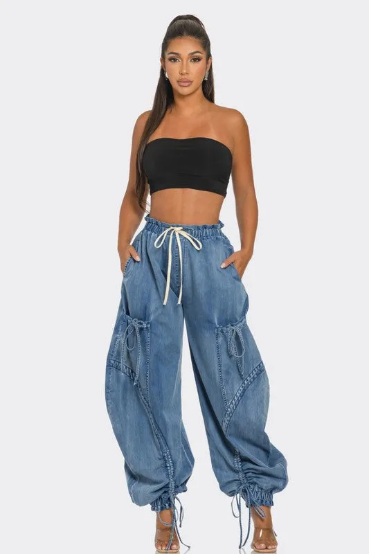 Dreya Drawstring Denim Cargo Pants