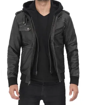 Edinburgh Mens Grey Leather Bomber Jacket With Removable Hood