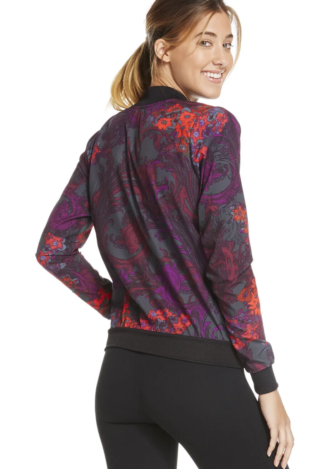 Fabletics Ithaca Floral Lightweight Zip Up Athletic Bomber Jacket, Medium