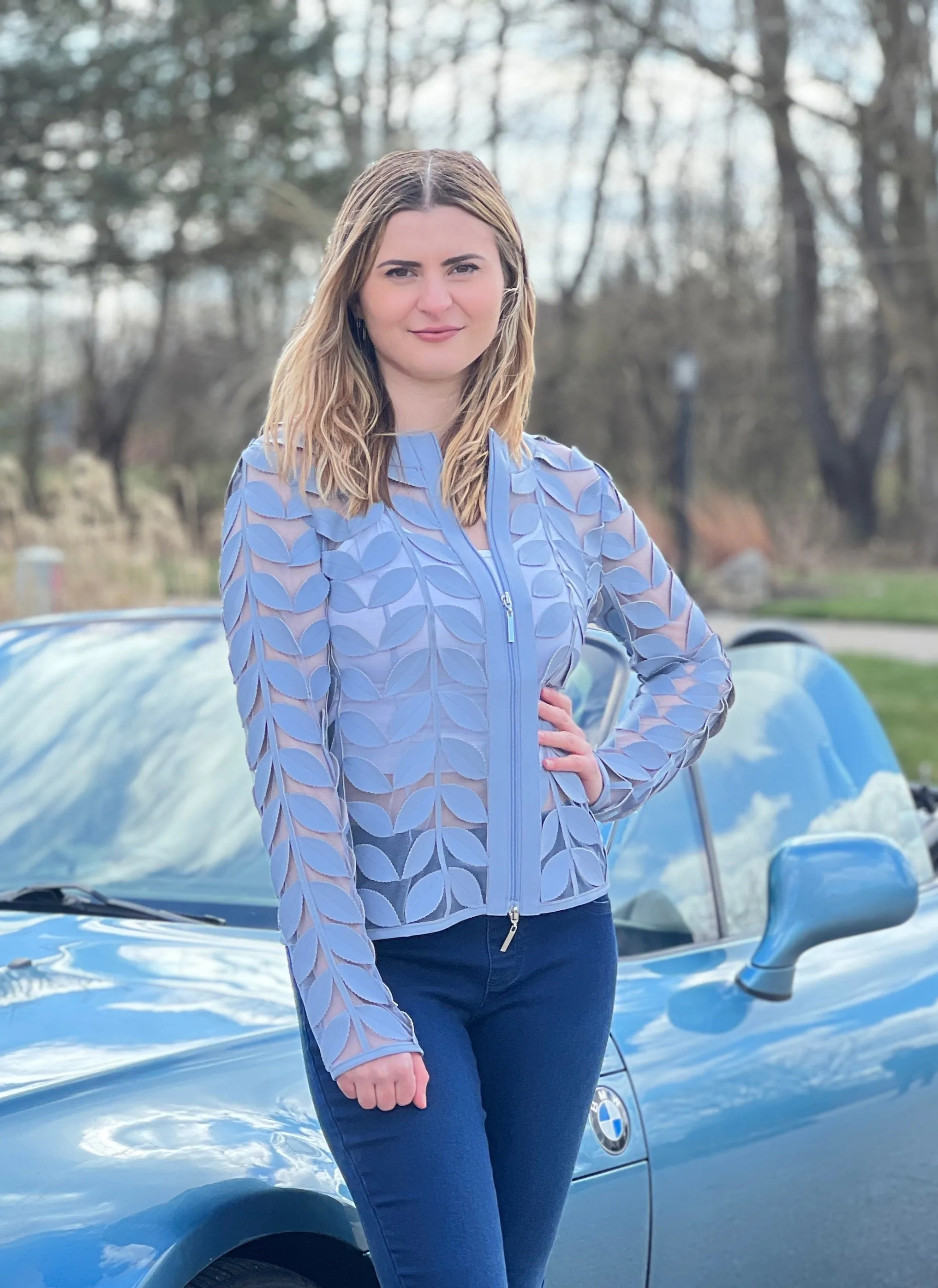 Faux Leather leaves jacket (Dusty Blue)