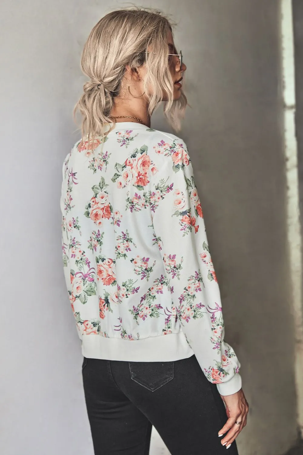 Floral Zip Up Ribbed Trim Lightweight Bomber Jacket