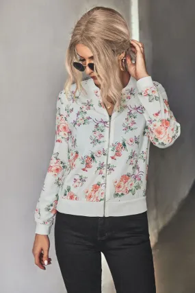 Floral Zip Up Ribbed Trim Lightweight Bomber Jacket