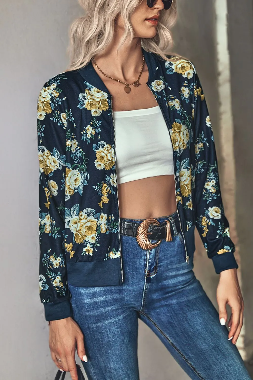 Floral Zip Up Ribbed Trim Lightweight Bomber Jacket