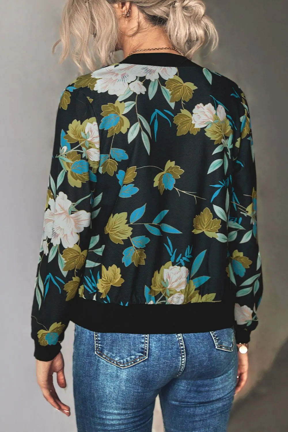 Floral Zip Up Ribbed Trim Lightweight Bomber Jacket