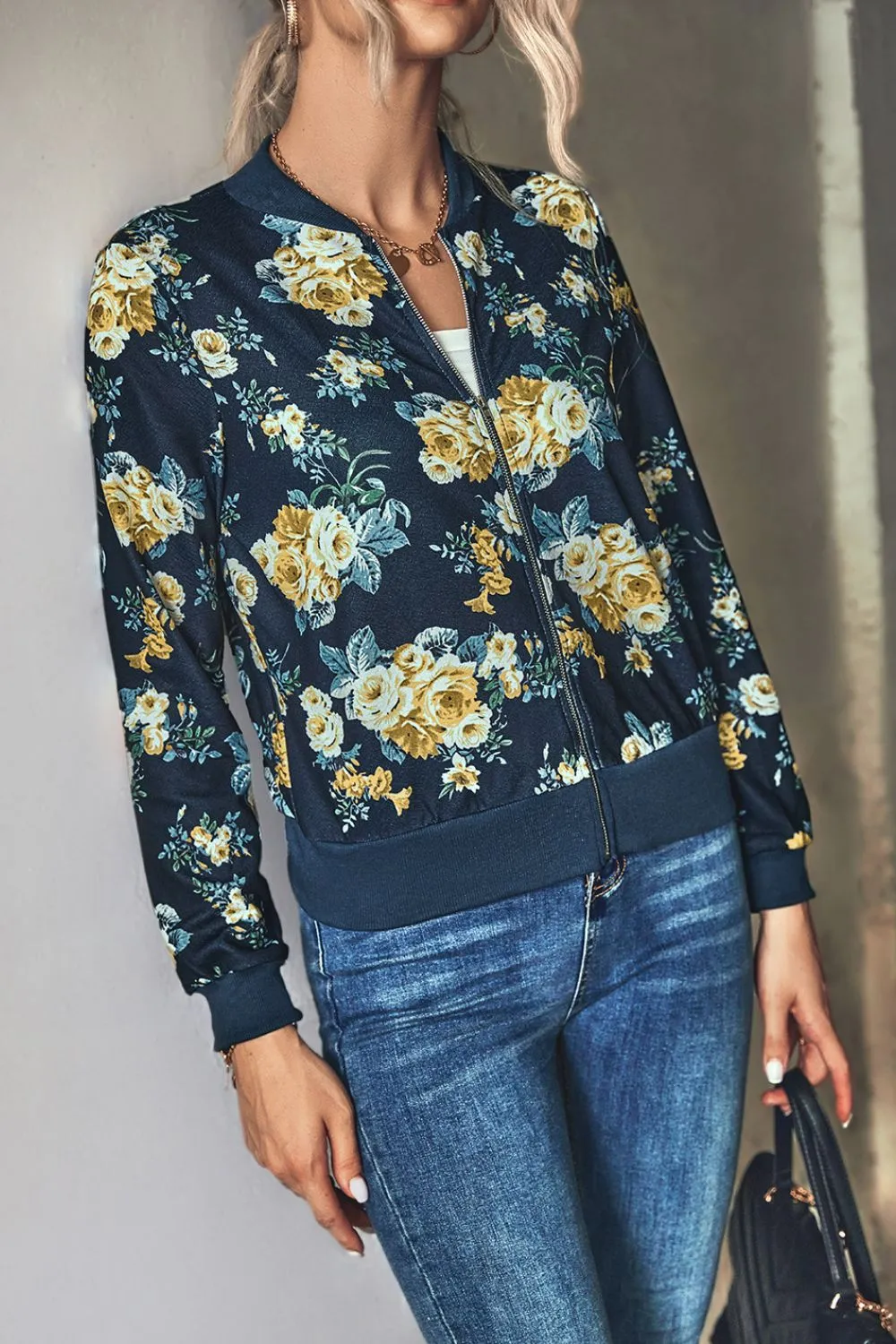 Floral Zip Up Ribbed Trim Lightweight Bomber Jacket