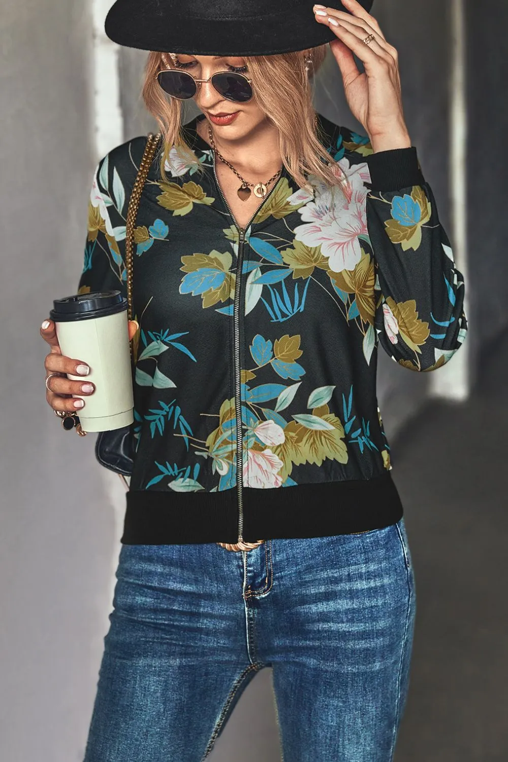 Floral Zip Up Ribbed Trim Lightweight Bomber Jacket