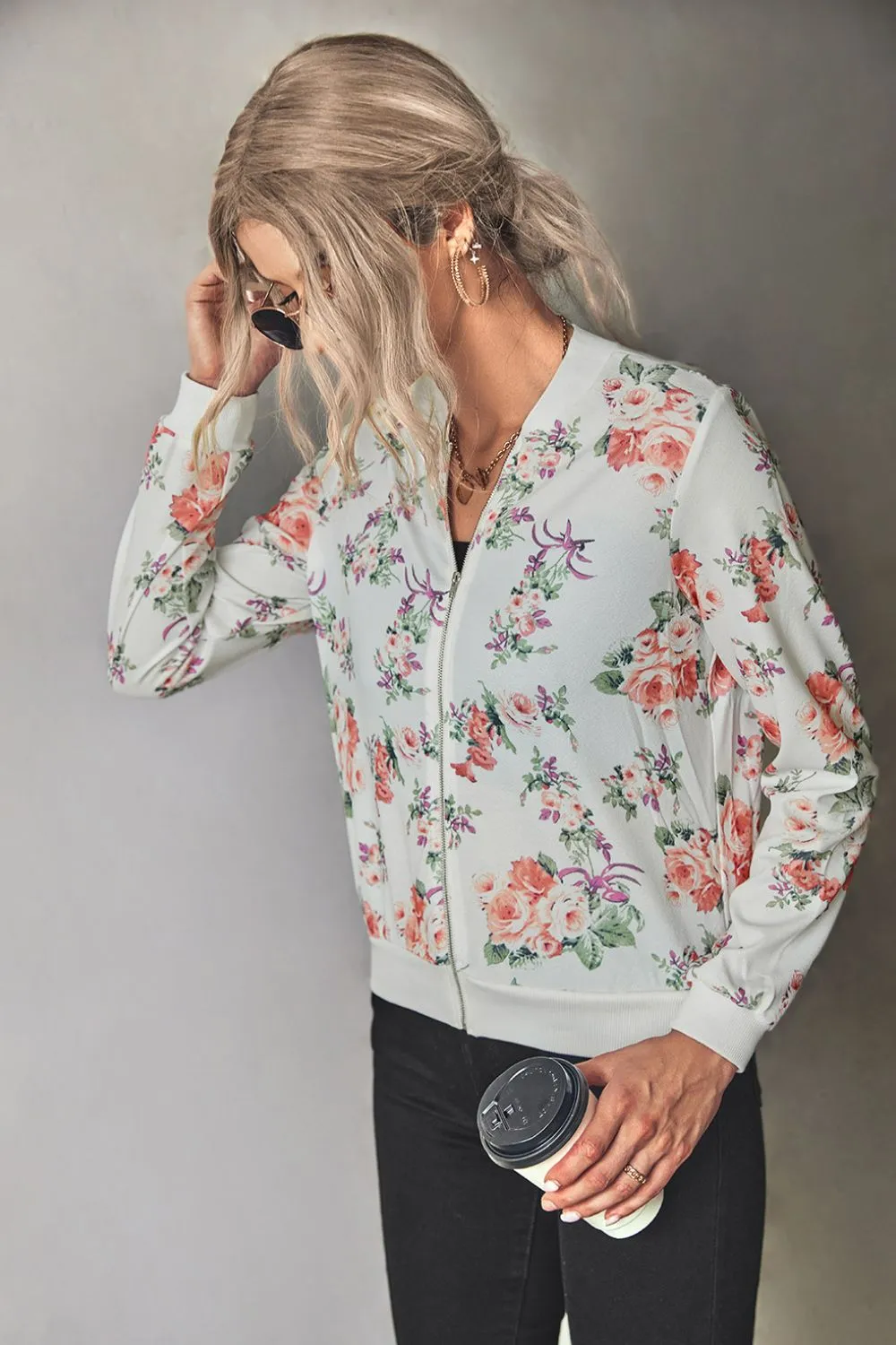 Floral Zip Up Ribbed Trim Lightweight Bomber Jacket