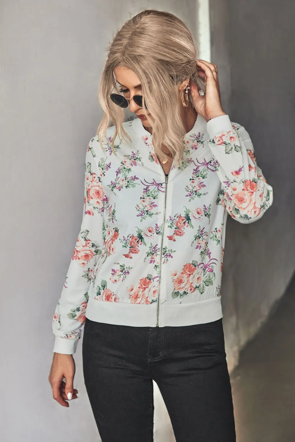 Floral Zip Up Ribbed Trim Lightweight Bomber Jacket