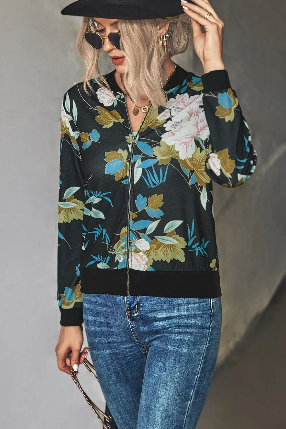 Floral Zip Up Ribbed Trim Lightweight Bomber Jacket