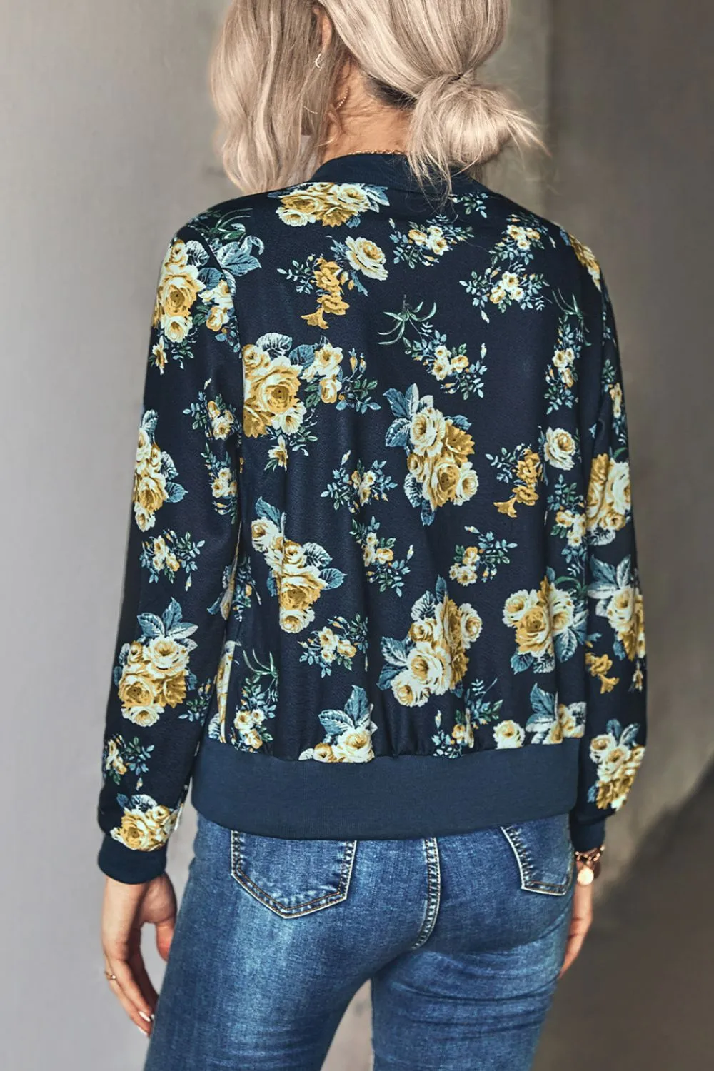 Floral Zip Up Ribbed Trim Lightweight Bomber Jacket