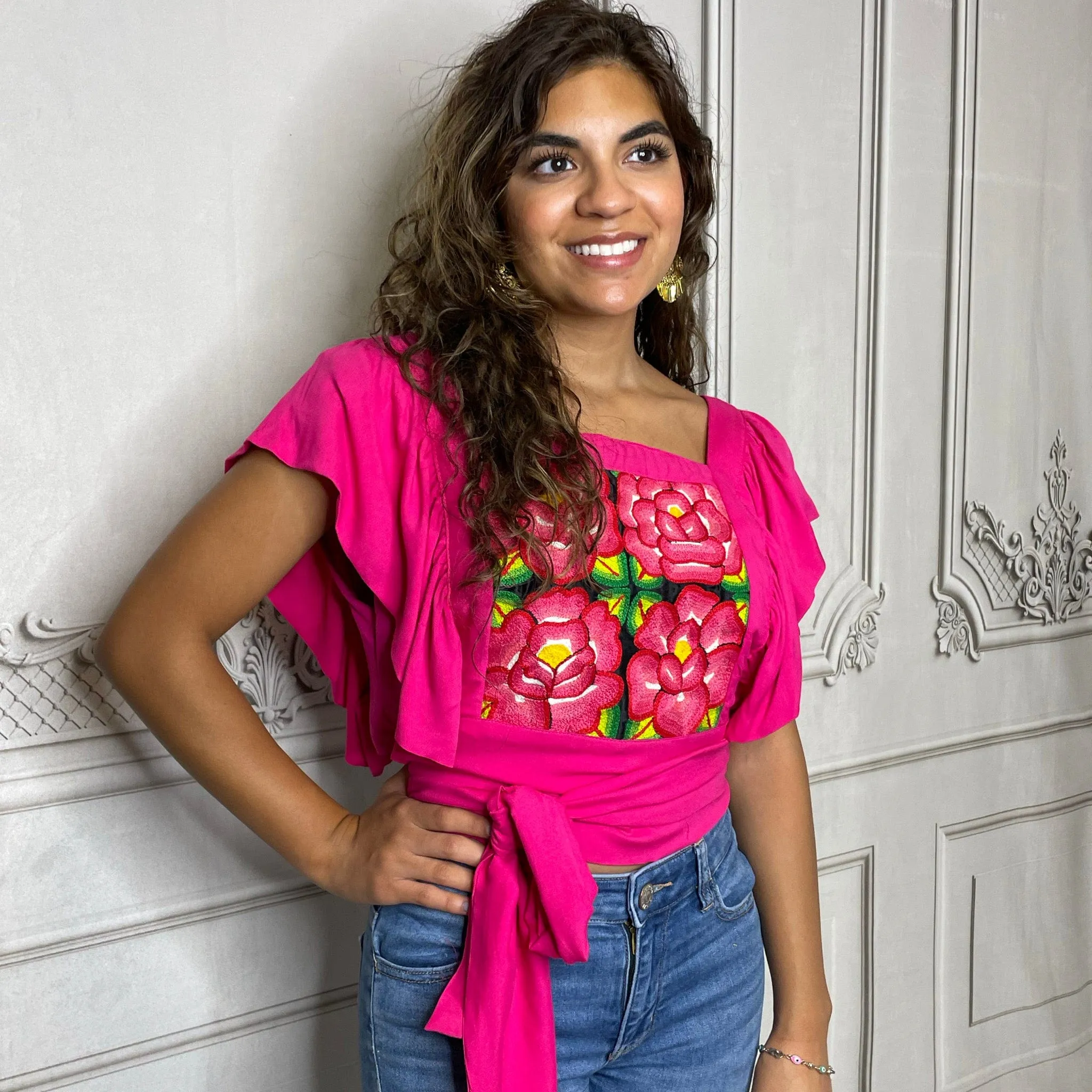 Frida Tehuana Blouse - Butterfly Sleeve Crop Top