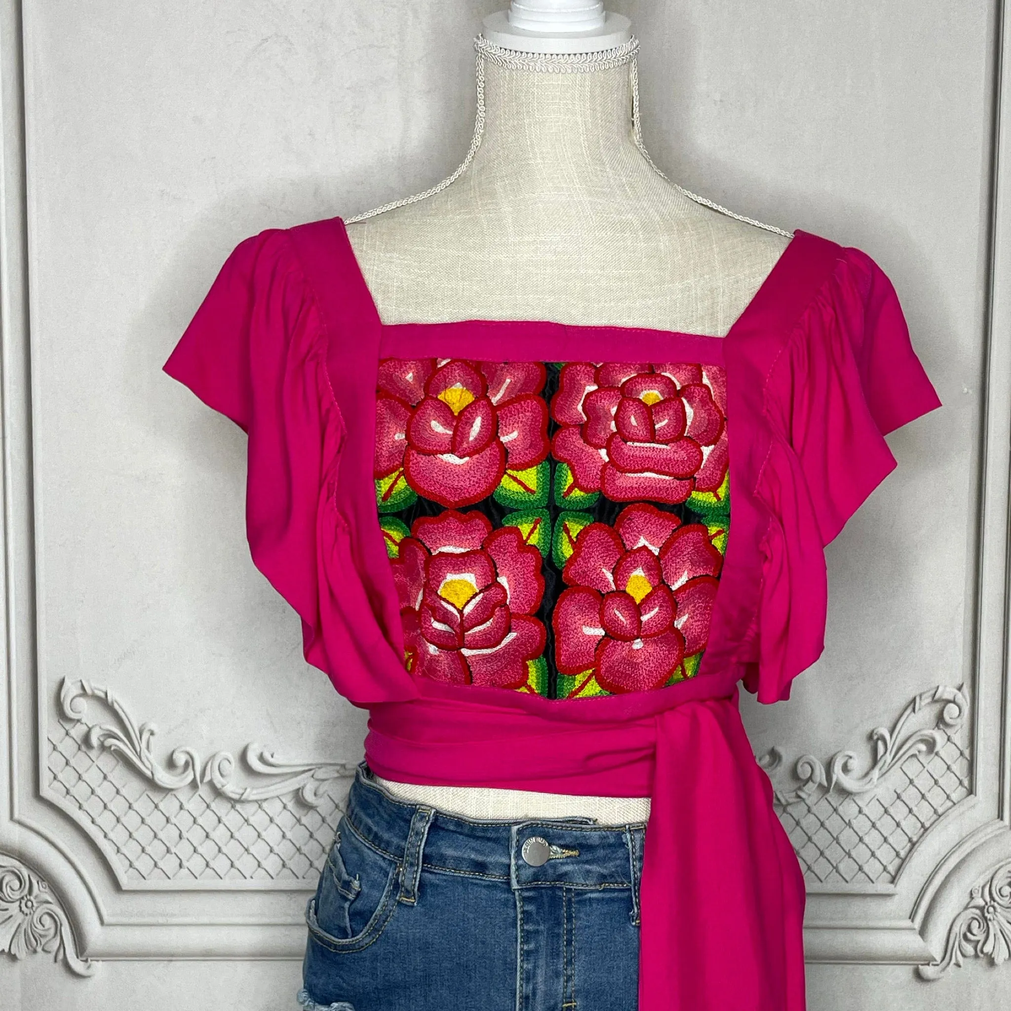 Frida Tehuana Blouse - Butterfly Sleeve Crop Top