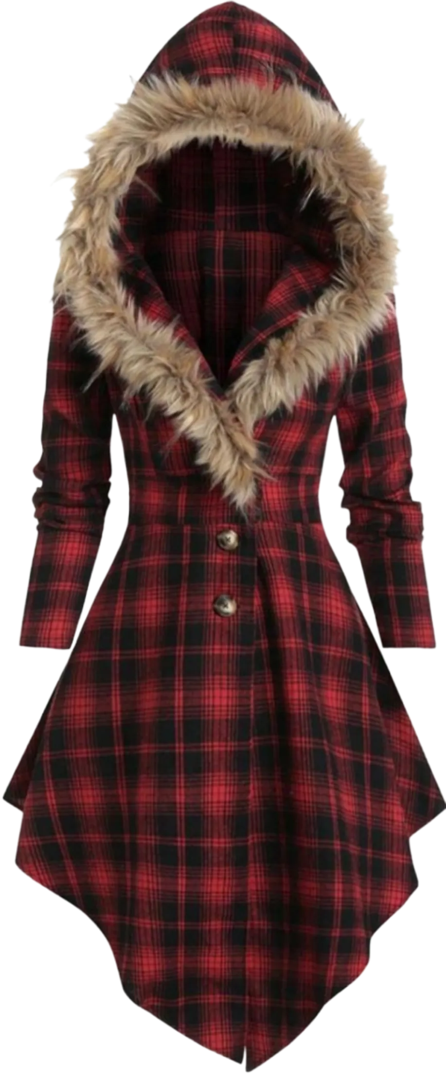 Fur collar hooded slim plaid back mid-length jacket