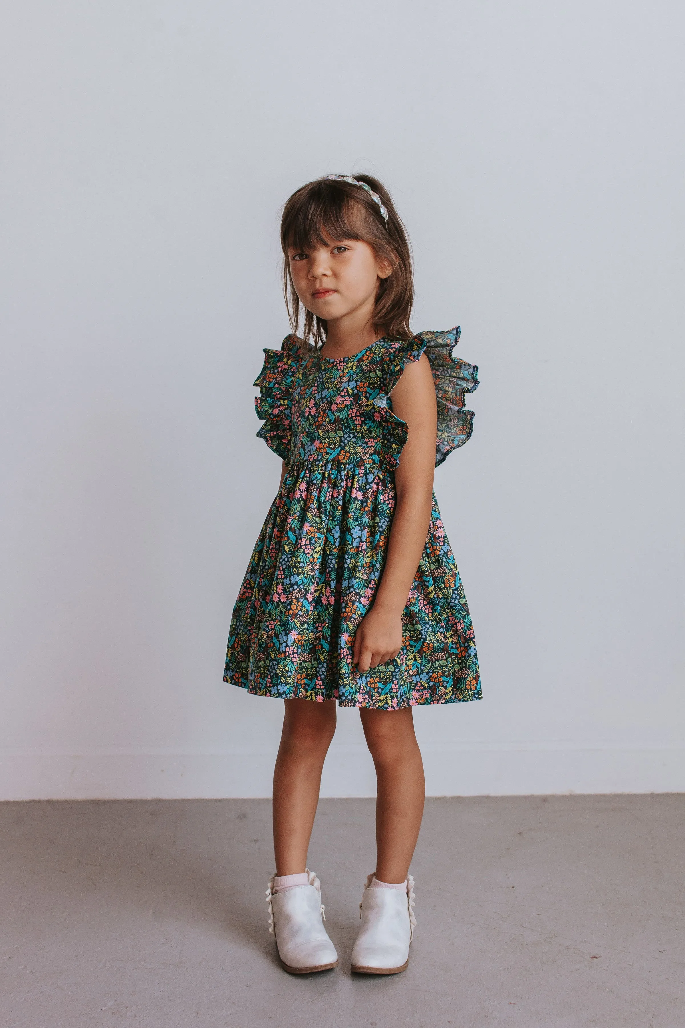 Girl's Navy and Pink Rifle Paper Floral Print Ruffle Cotton Dress