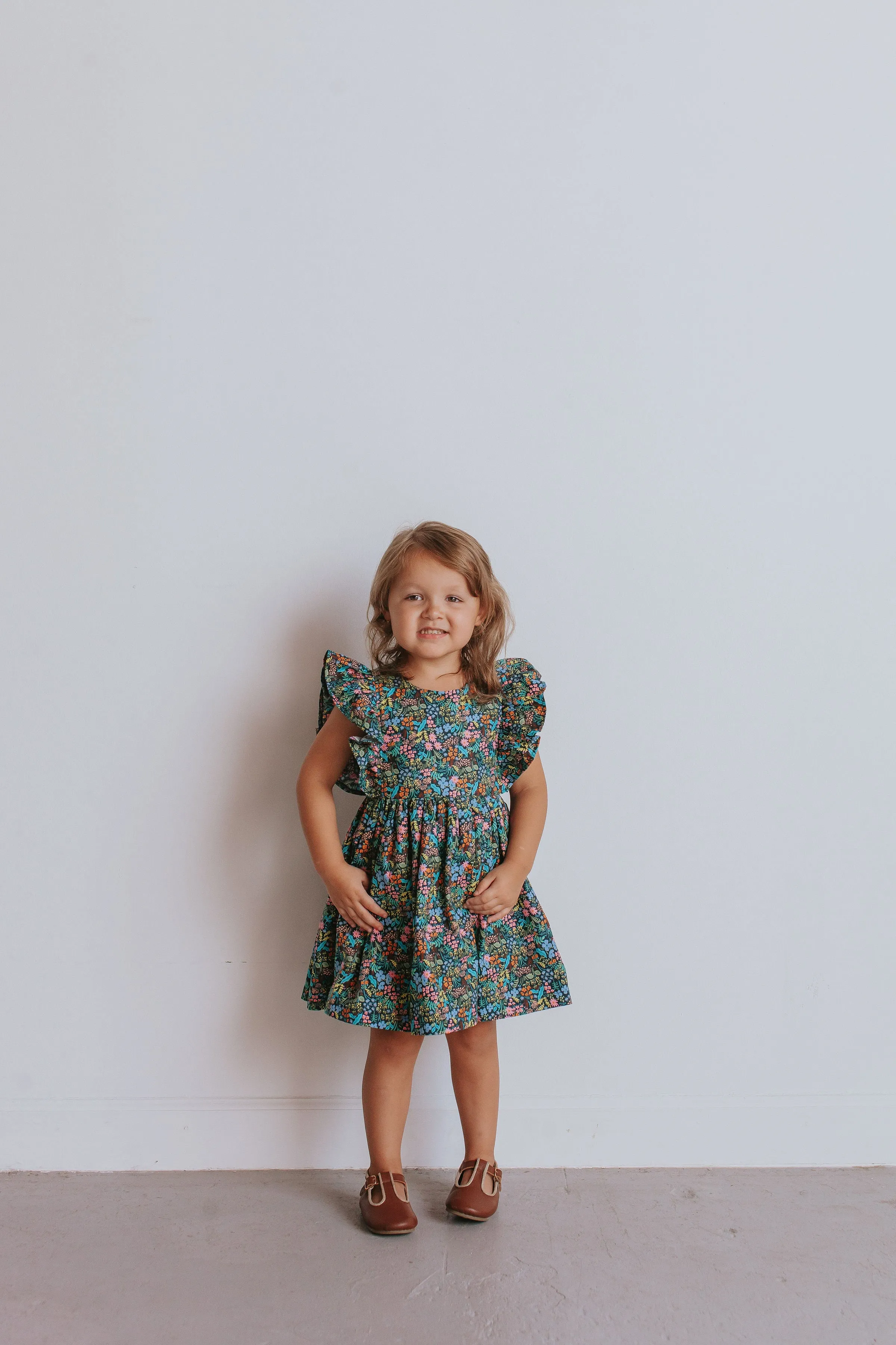 Girl's Navy and Pink Rifle Paper Floral Print Ruffle Cotton Dress