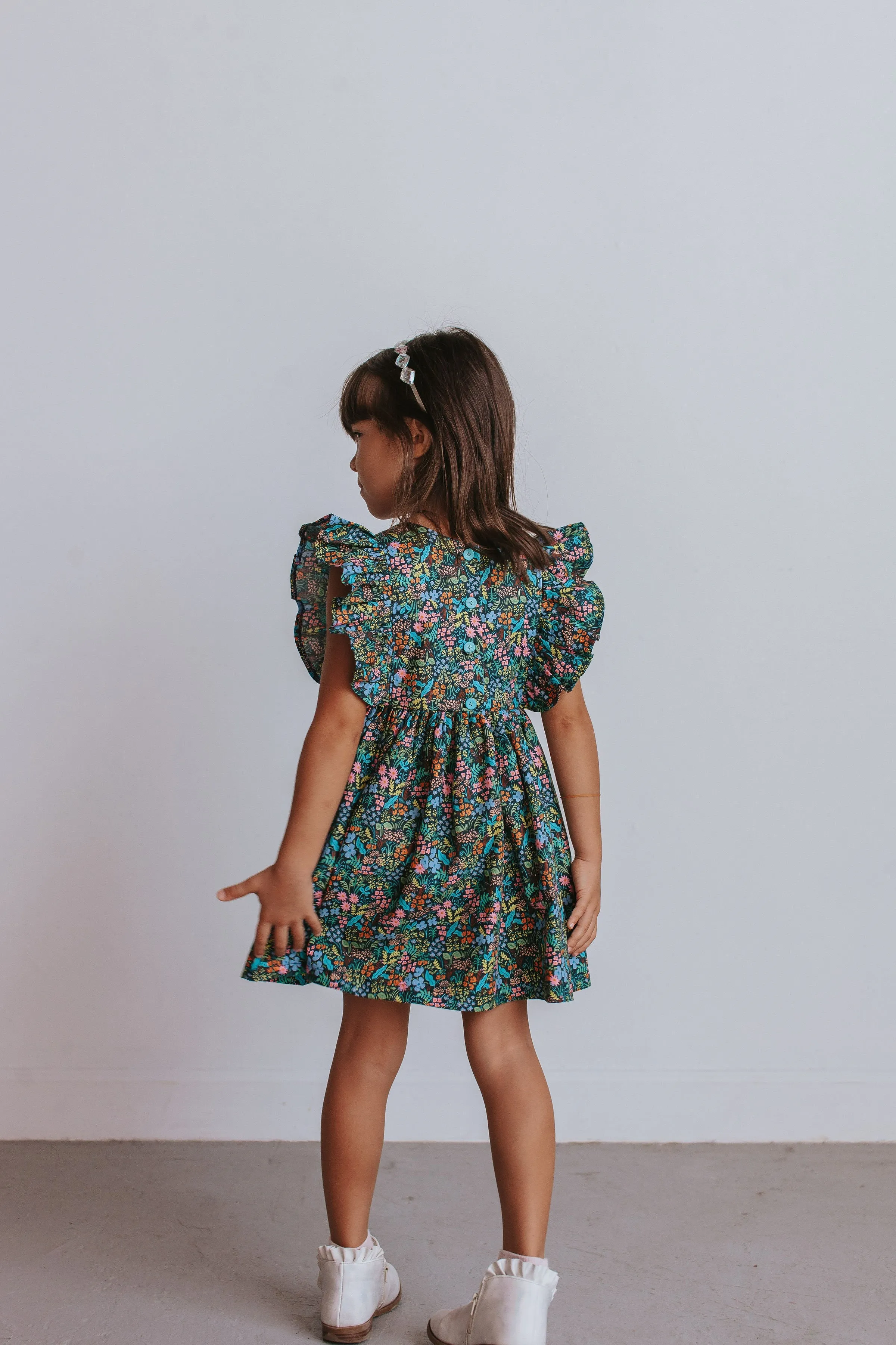 Girl's Navy and Pink Rifle Paper Floral Print Ruffle Cotton Dress