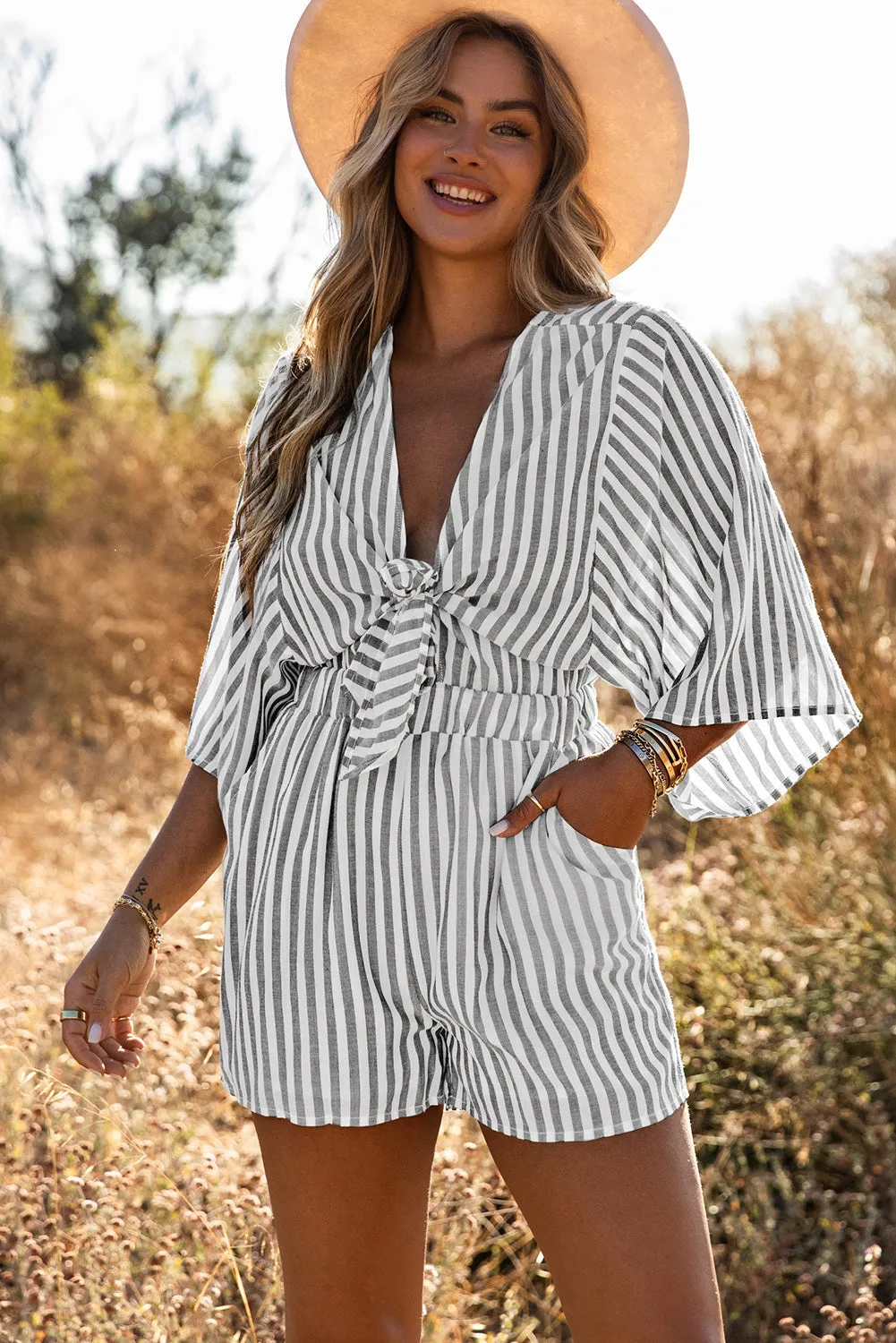 Gray 3/4 Kimono Sleeves Tie Front Striped Romper with Pockets