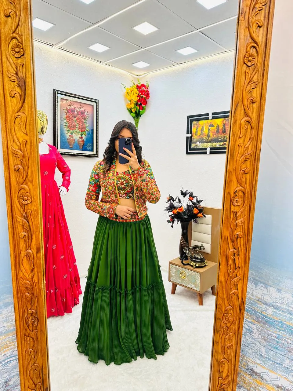 Green Lehenga Choli with Jacket in Faux Georgette With Embroidery Work