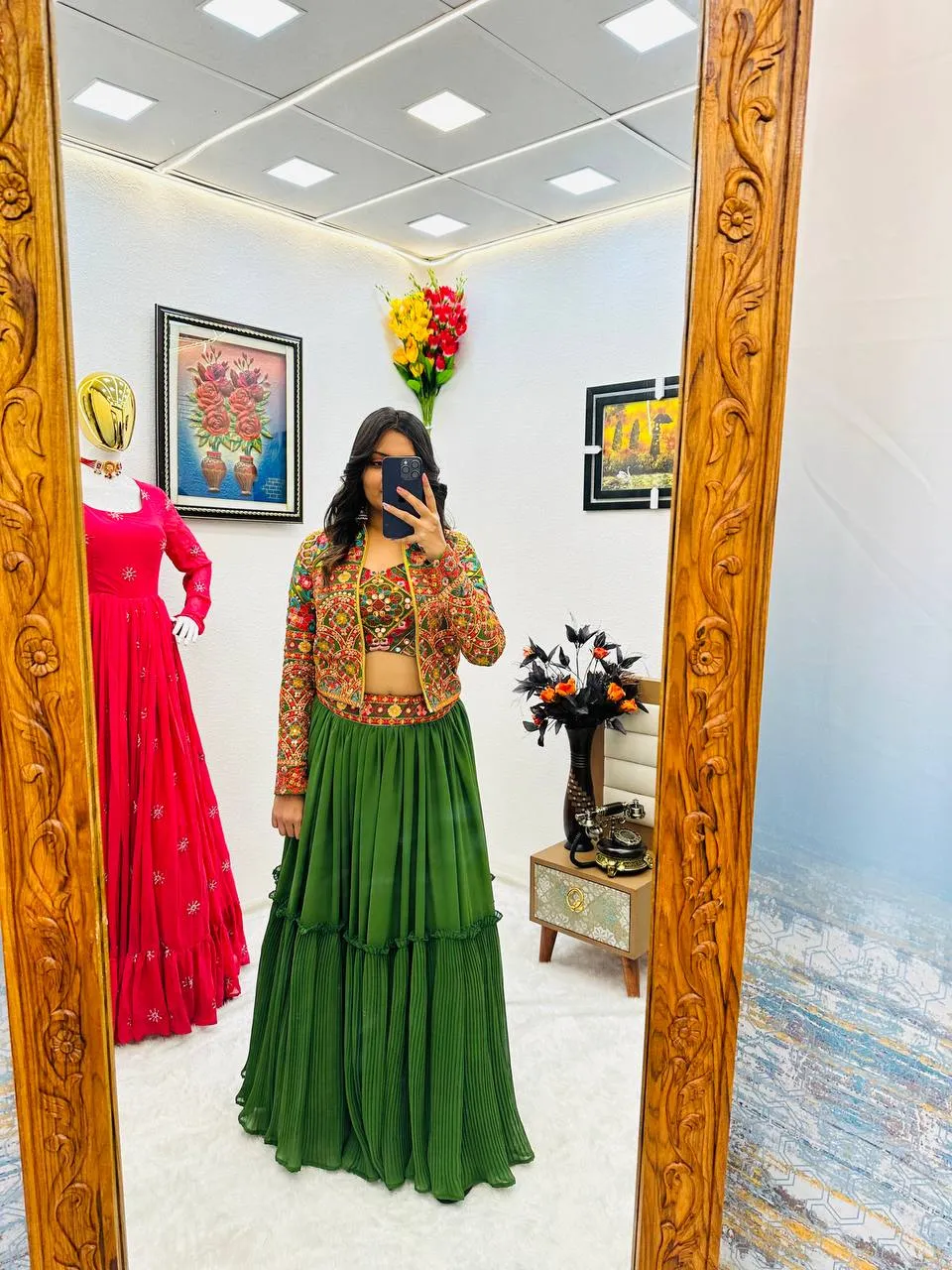 Green Lehenga Choli with Jacket in Faux Georgette With Embroidery Work