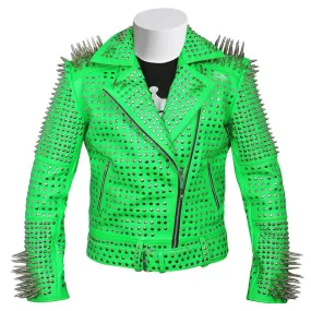 Green Studded Steam Punk Leather Biker Jacket