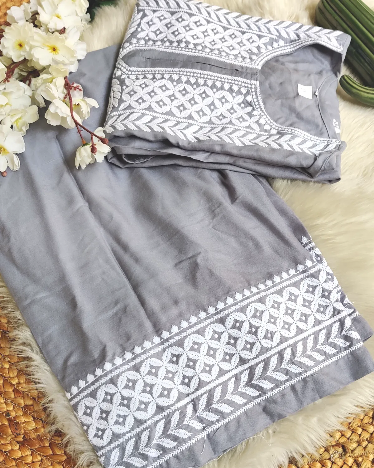 Grey Chikankari Kurta Palazzo - Set of 2