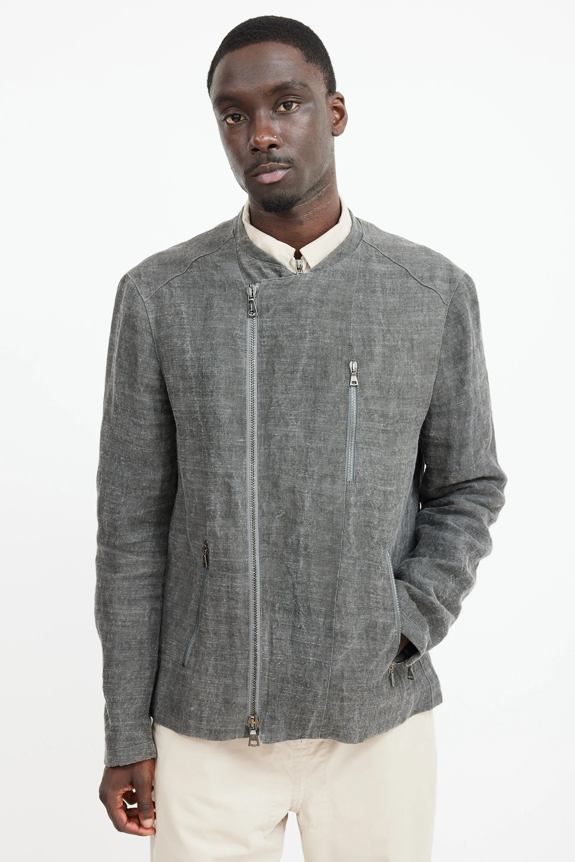 Grey Linen Moto Jacket