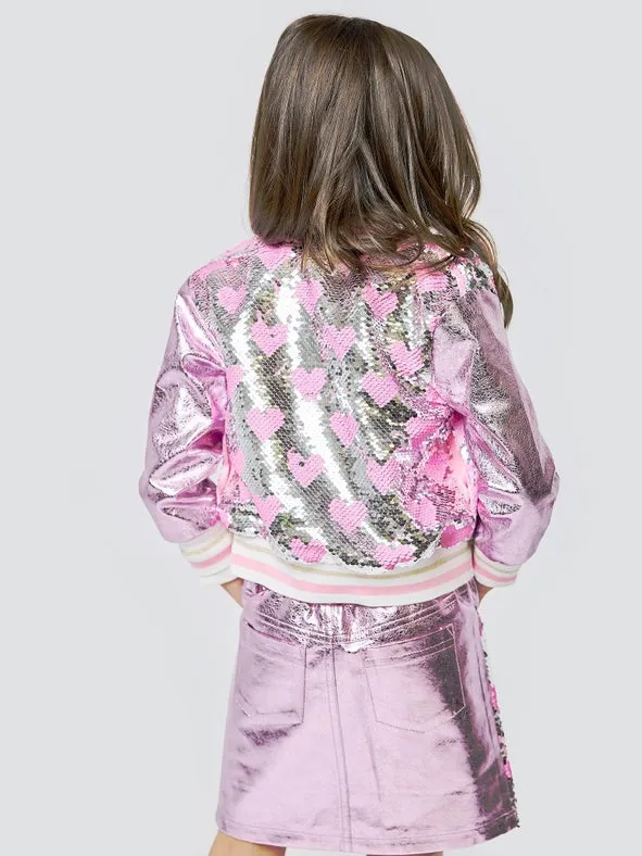 Heart Sequin Bomber Jacket w/ Metallic Faux Leather Contrast