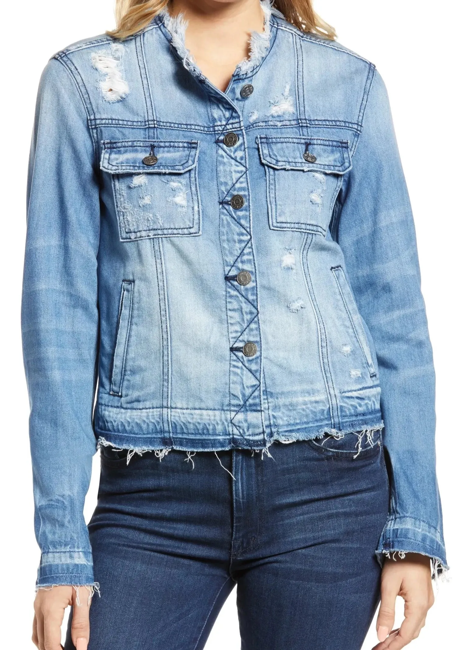 Hidden Collarless Frayed Denim Jacket