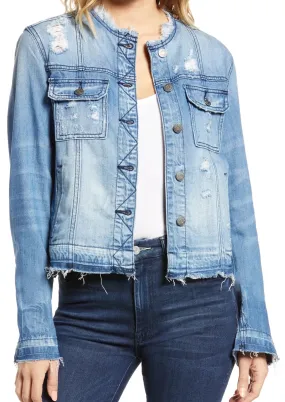 Hidden Collarless Frayed Denim Jacket