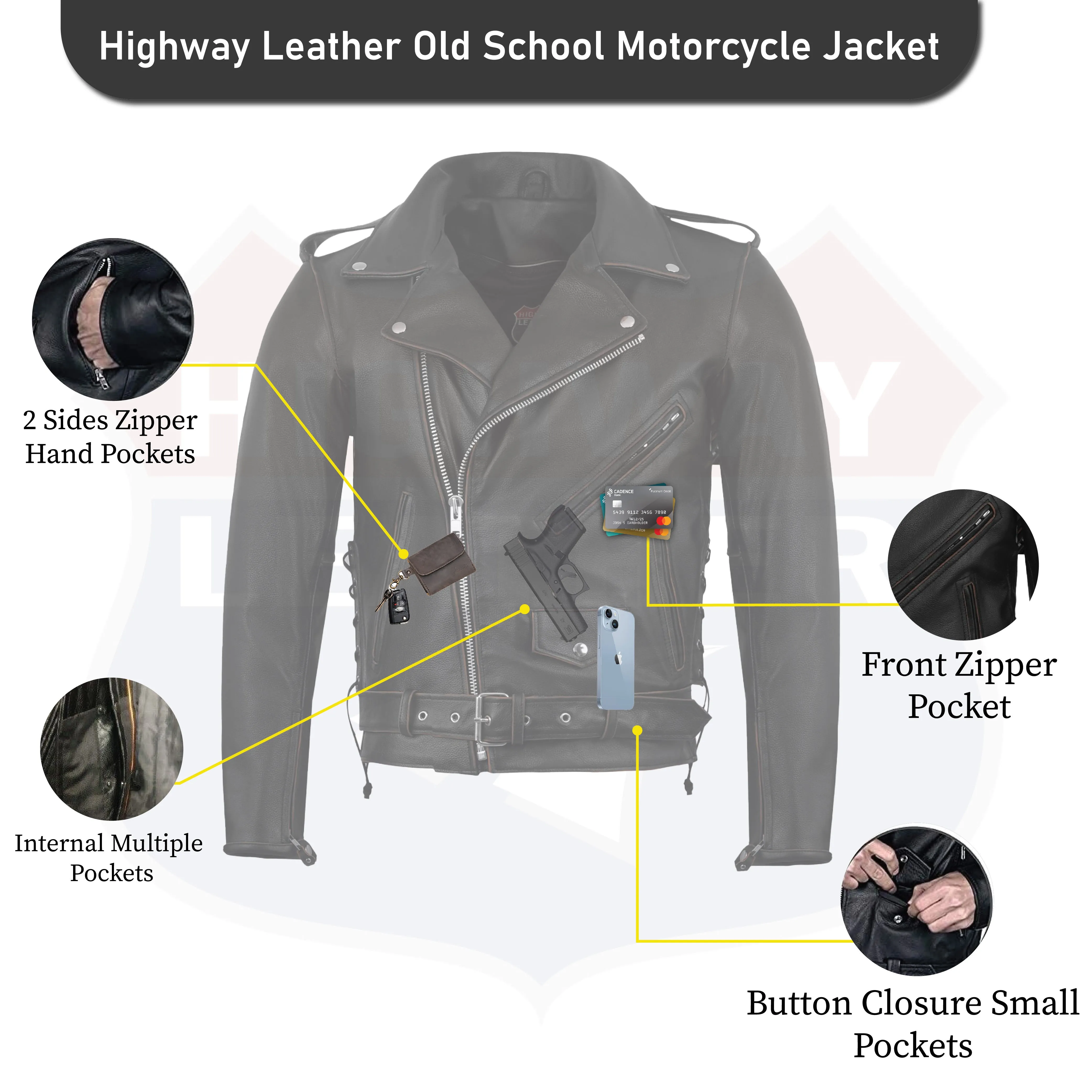 HL10205-Rub Buff Brown Old School Police Style Motorcycle Leather Brown Jacket