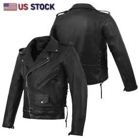 HL10205-Rub Buff Brown Old School Police Style Motorcycle Leather Brown Jacket