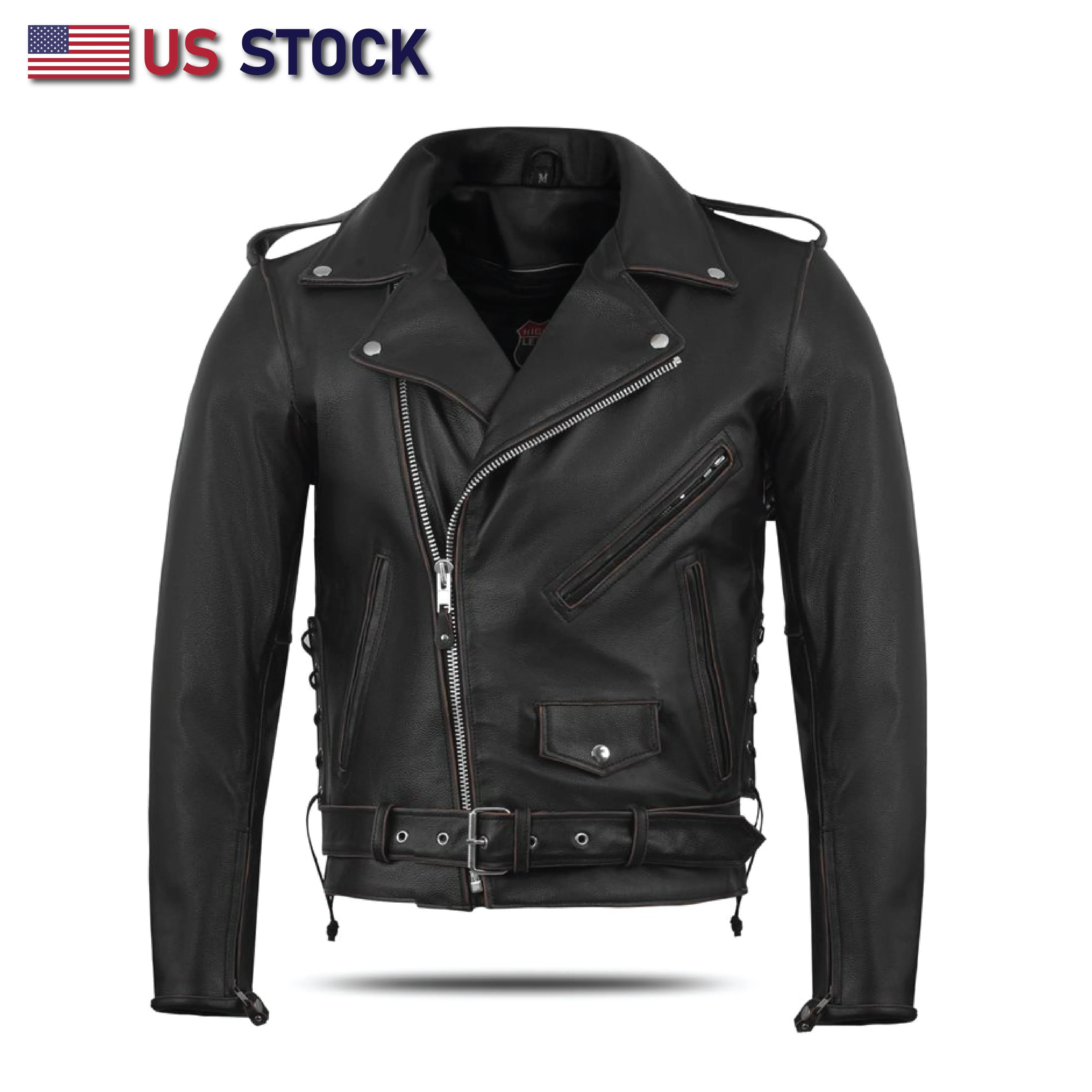 HL10205-Rub Buff Brown Old School Police Style Motorcycle Leather Brown Jacket