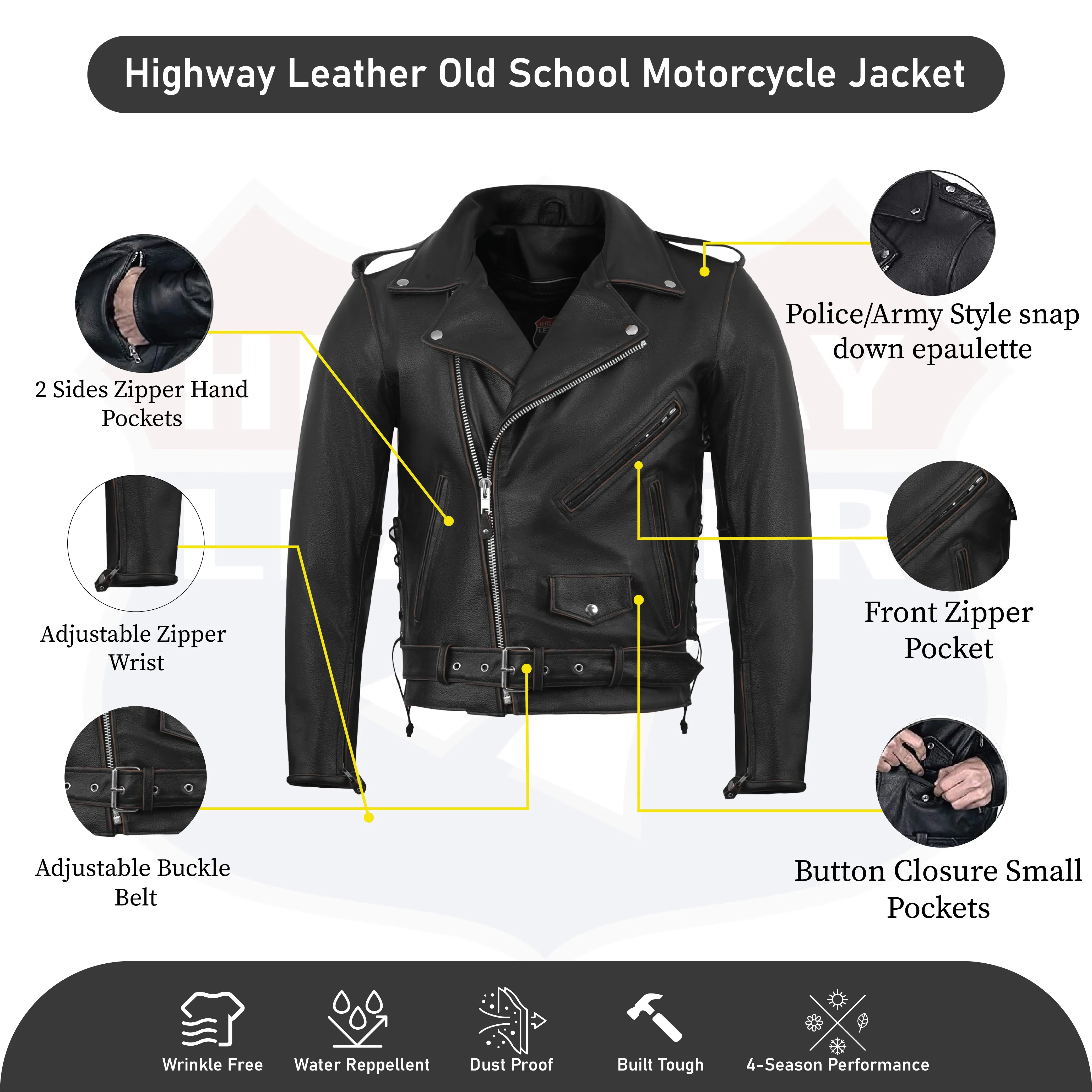 HL10205-Rub Buff Brown Old School Police Style Motorcycle Leather Brown Jacket