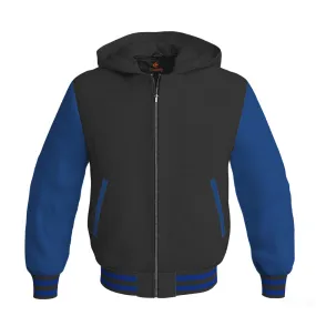 Hoodies For Men Black Body and Blue Leather Sleeves Varsity Hoodie