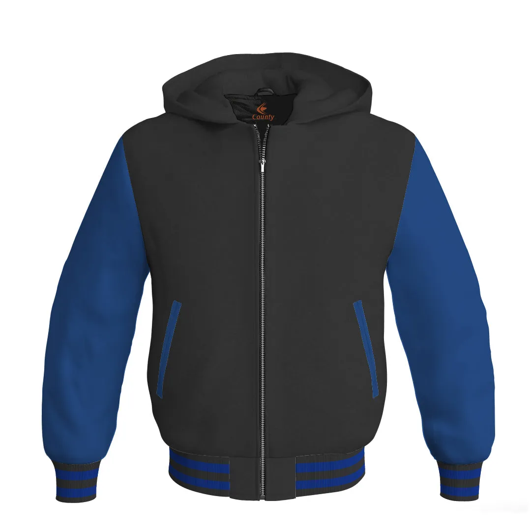 Hoodies For Men Black Body and Blue Leather Sleeves Varsity Hoodie