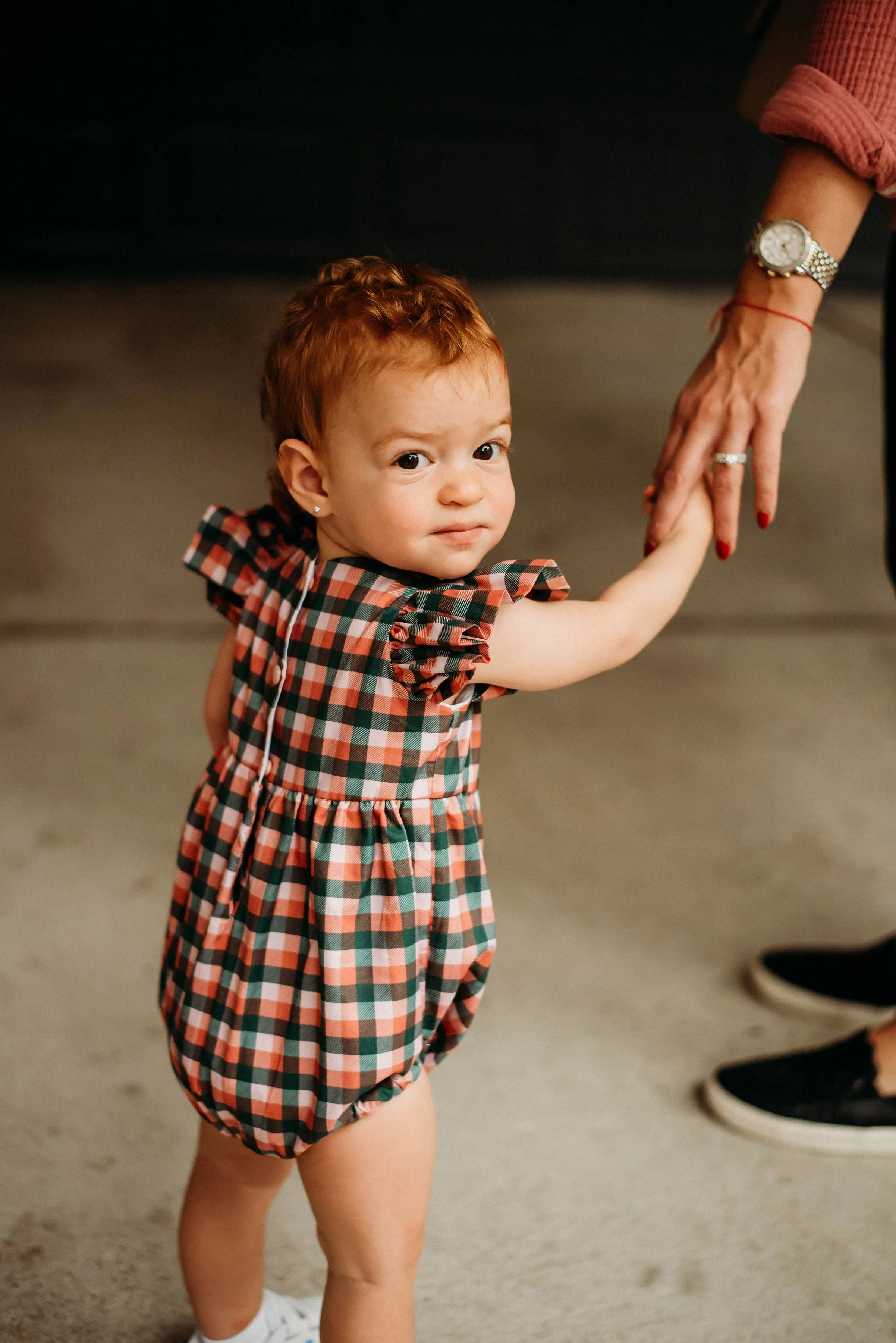 Infant Girl's Muted Red and Green Plaid Christmas Bubble Romper with Ivory Trim