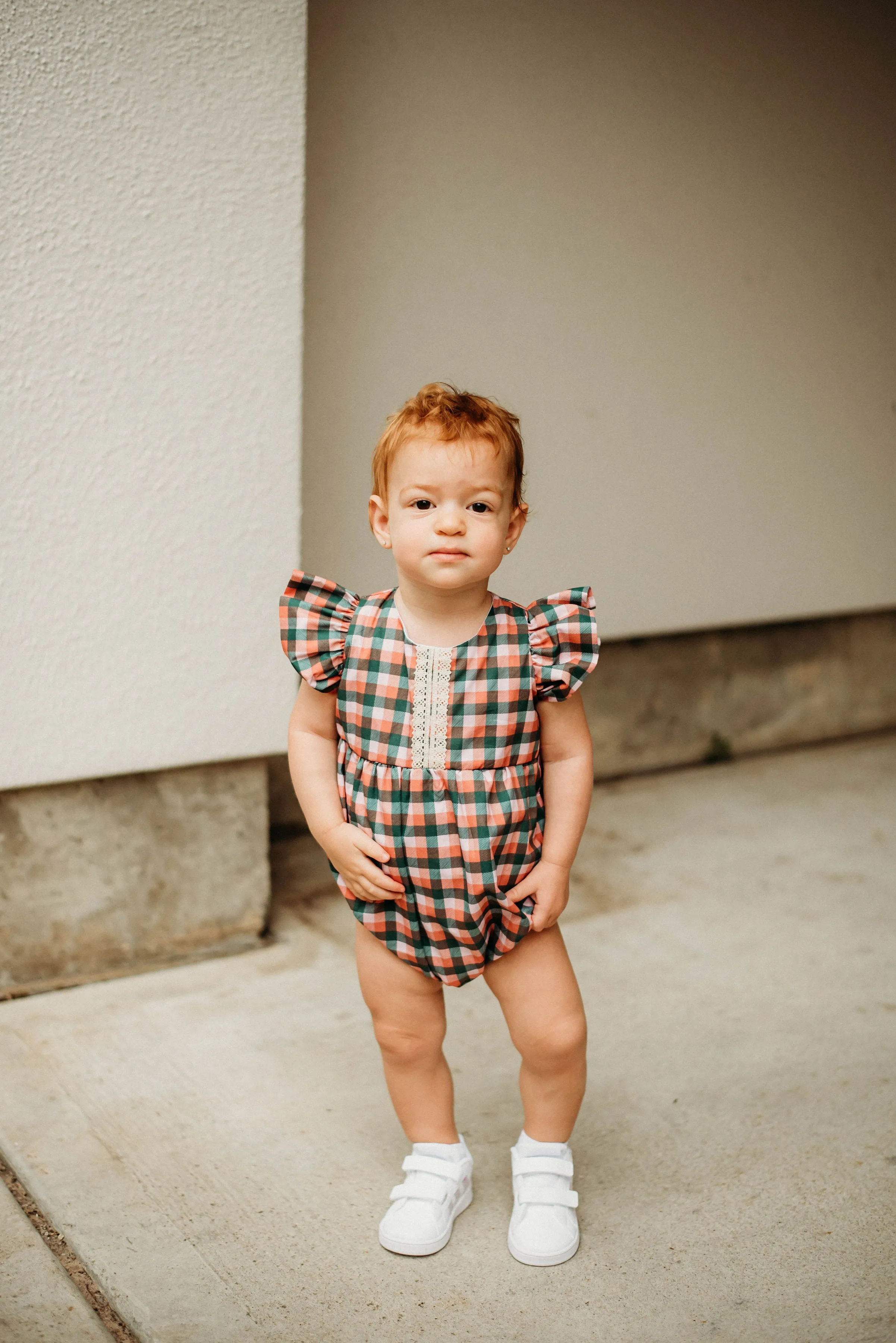 Infant Girl's Muted Red and Green Plaid Christmas Bubble Romper with Ivory Trim