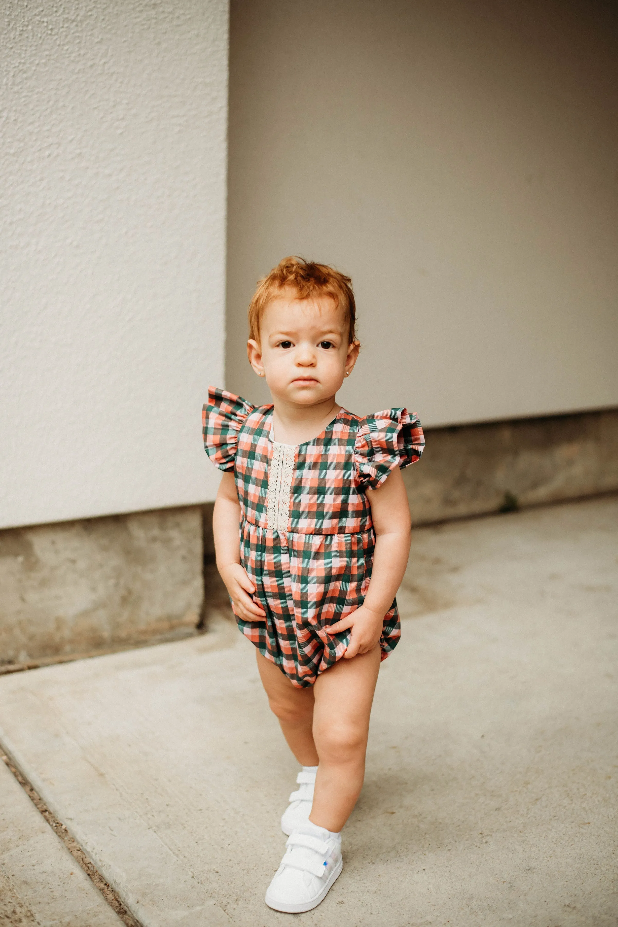 Infant Girl's Muted Red and Green Plaid Christmas Bubble Romper with Ivory Trim