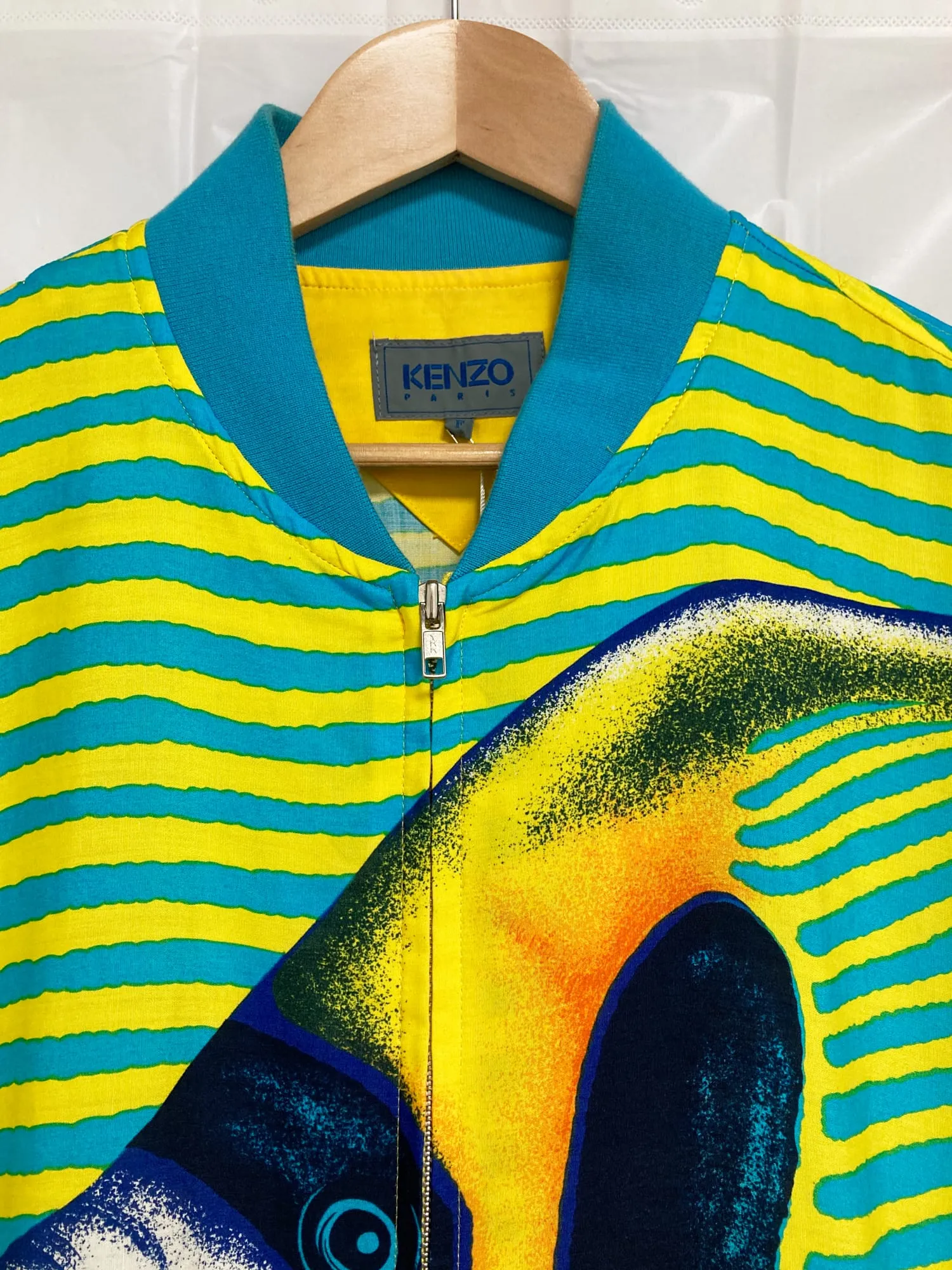 Kenzo Paris 1980s blue yellow zebra stripe queen angel fish print bomber jacket