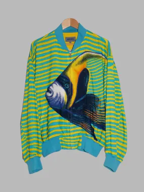 Kenzo Paris 1980s blue yellow zebra stripe queen angel fish print bomber jacket