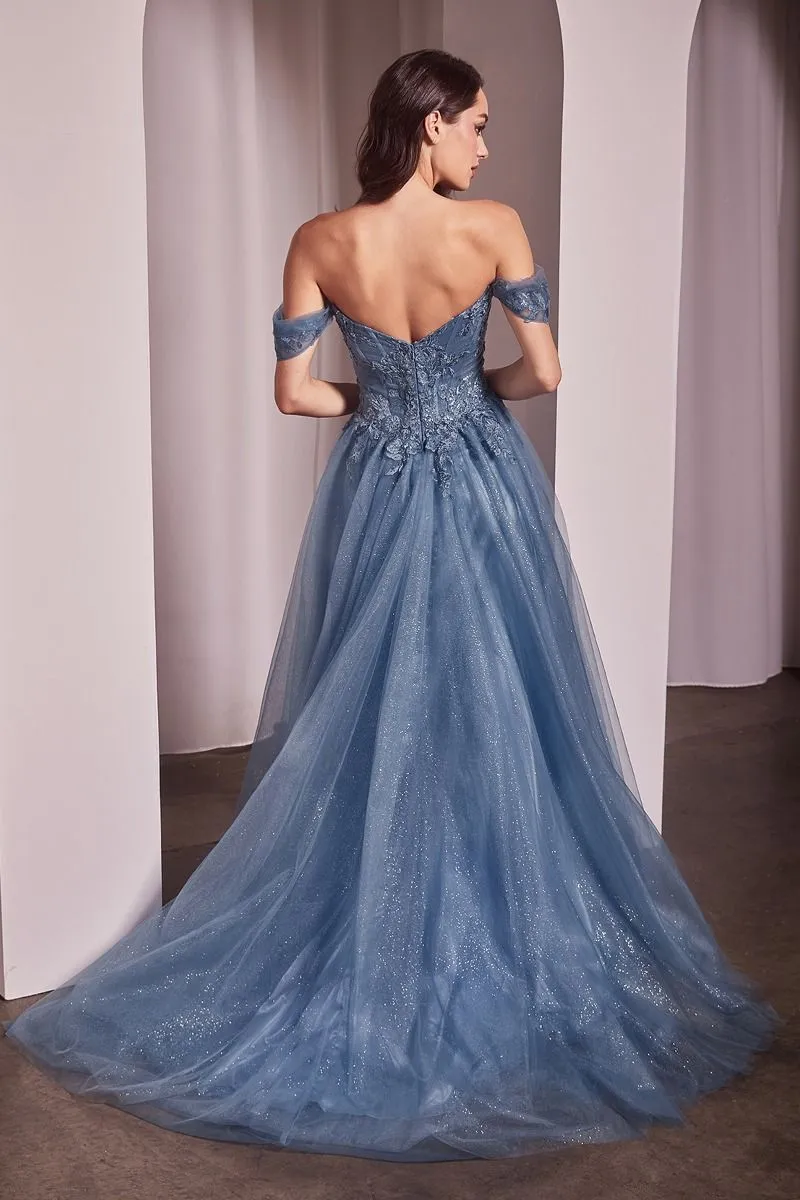 Ladivine CD799 Size 10 Smoky Blue Tulle A Line Shimmer Dress Formal Off the Shoulder Ballgown Lace Bodice