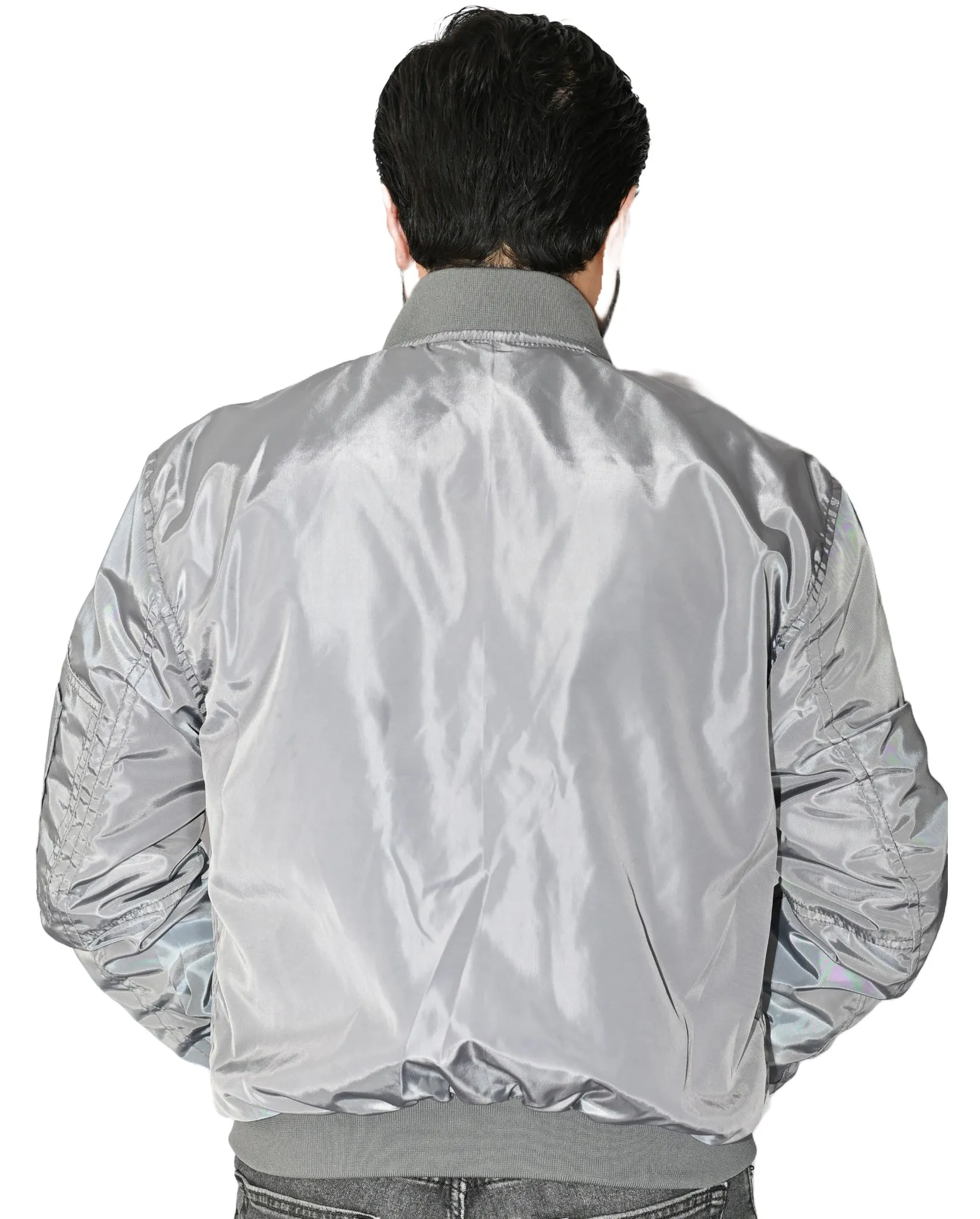 Letterman College Varsity Bomber Satin Jackets Quality Jacket Sports Wear Silver Gray Satin