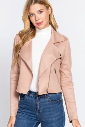 Long Slv Biker Faux Suede Short Jacket - 2 colors