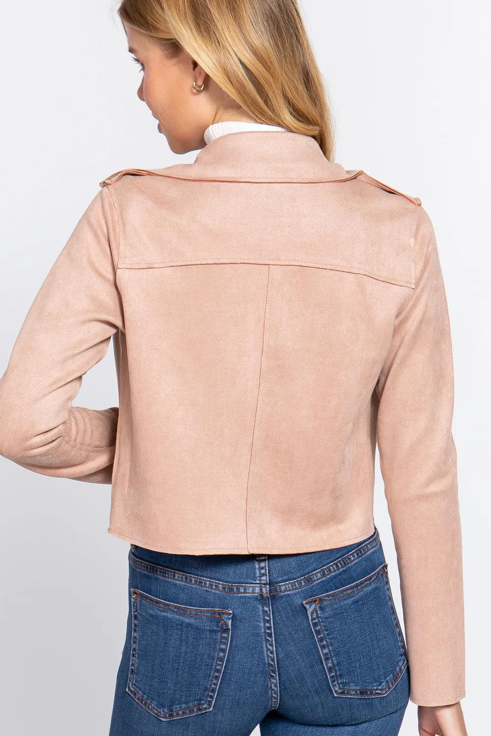 Long Slv Biker Faux Suede Short Jacket - 2 colors