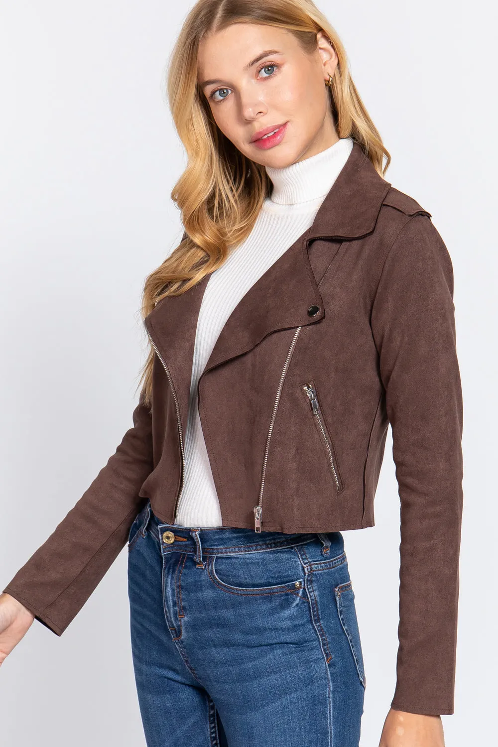 Long Slv Biker Faux Suede Short Jacket - 2 colors