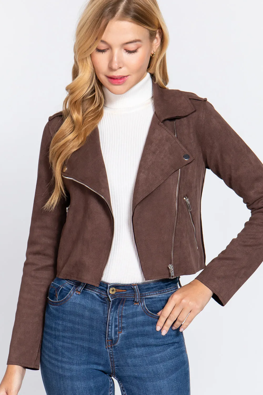 Long Slv Biker Faux Suede Short Jacket - 2 colors