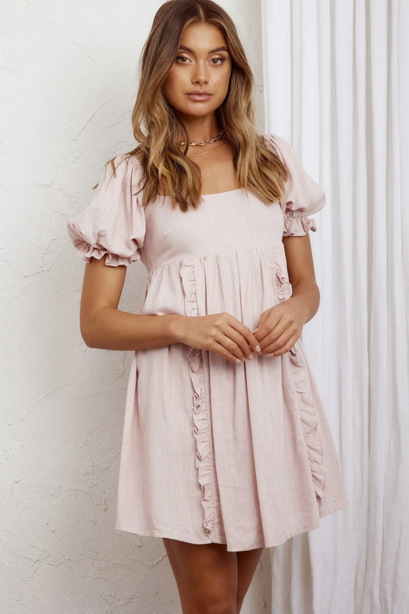 Macedonia Puff Sleeve Babydoll Dress Blush