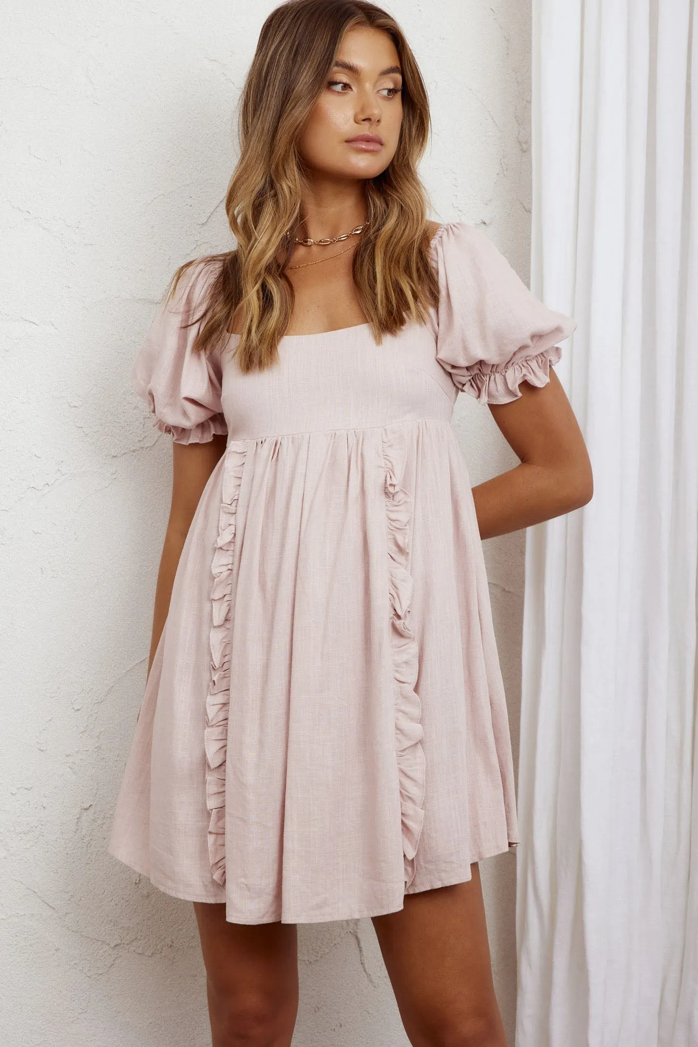 Macedonia Puff Sleeve Babydoll Dress Blush