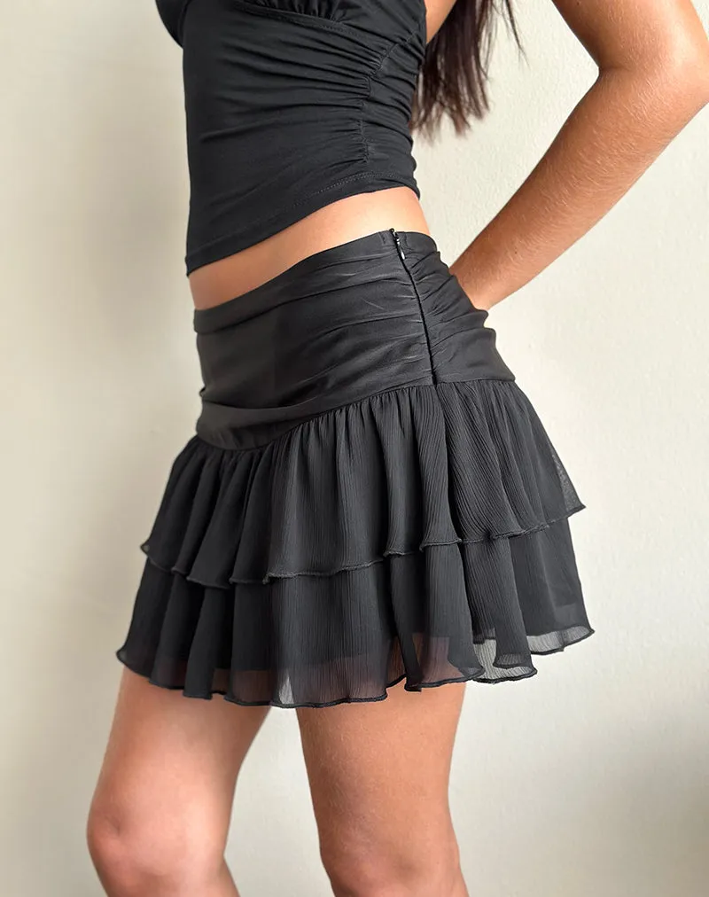 Masama Frill Mini Skirt in Black Satin and Chiffon