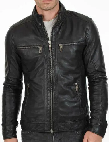 Men Genuine Lambskin Leather Motorcycle Slim fit Jacket Bomber Biker Jacket